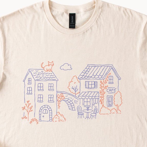Kiraa Tee With Whimsical Town Tshirt Cute Cat Cafe Graphic Tee Cottagecore Clothing Birthday Gifts; For Men & Women