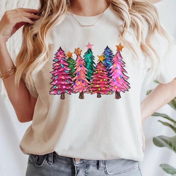 Kiraa Tee With Woman'S Holiday Tshirt, Women'S Xmas Tee, Tree Tee, Xmas Tree, Women'S Tshirt, Winter Tee, Merry And Bright Trees, Xmas Birthday Gifts; For Men & Women