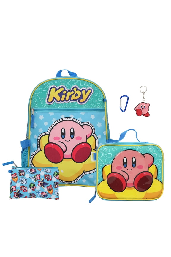 Kirby 5-Piece Set: 16 Backpack Lunchbox Utility Case Rubber Keychain and Carabiner