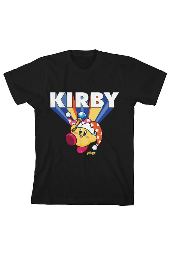 Kirby Beam Flying Text Boy's Black T-shirt-Medium