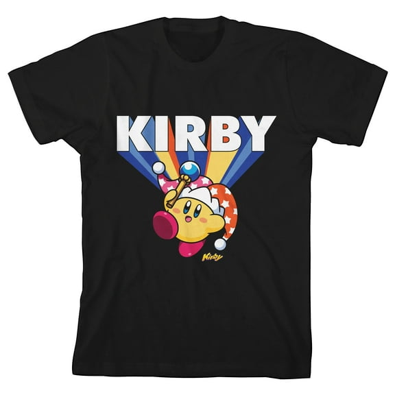 Kirby Beam Flying Text Boy's Black T-shirt-XL