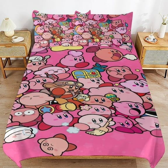 Kirby Cartoon 3 Piece Bedding Set, Cute Anime Printed Duvet Cover Sets For Adult Kids Boys Girls, 1 Quilt Cover & 2 Pillowcases 86x70in