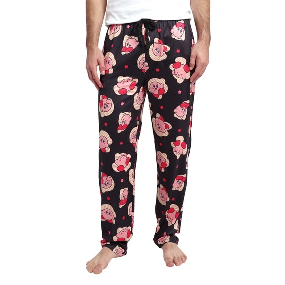 Kirby Character Poses and Stars Men's Black Sleep Pajama Pants-Medium
