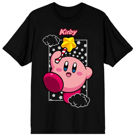 Kirby Character with Stars Pattern Men's Black Graphic Tee-Large