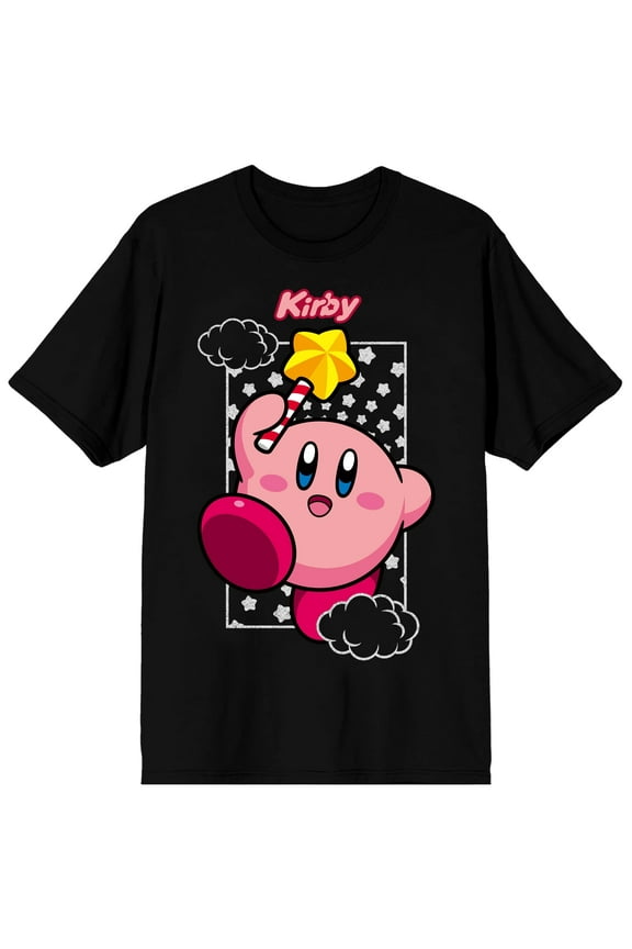 Kirby Character with Stars Pattern Men's Black Graphic Tee-Medium