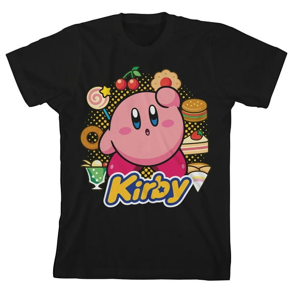 Kirby Circle Of Food Boy's Black T-Shirt-Large