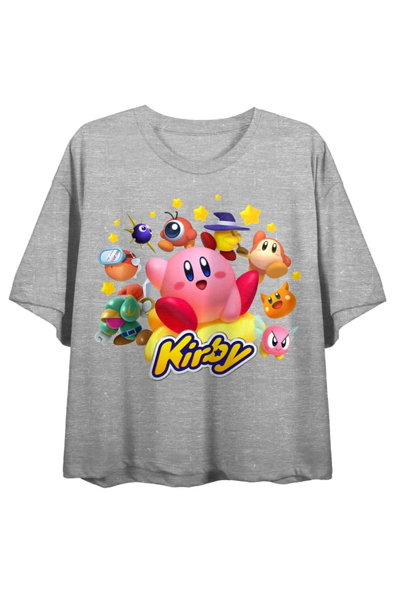 Kirby Classic Video Game Characters Women's Heather Grey Crop Top-Medium