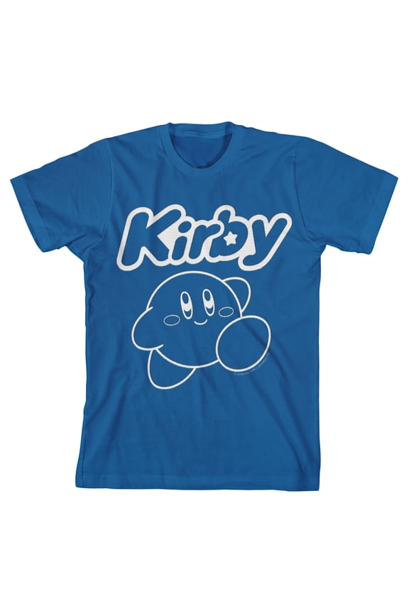 Kirby Faux Embroidered Character Boy's Blue Crew Neck Short Sleeve T-shirt-Small