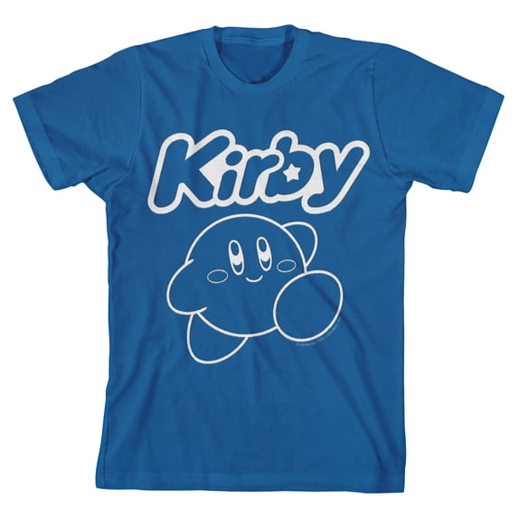 Kirby Faux Embroidered Character Boy's Blue Crew Neck Short Sleeve T-shirt-XS
