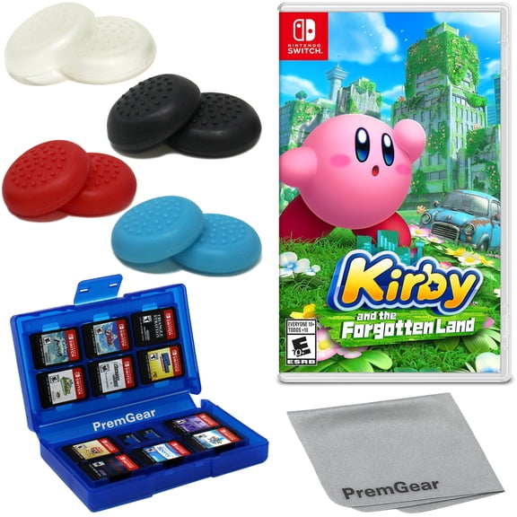 Kirby and The Forgotten Land, Nintendo Switch - U.S. Version [Physical], with PremGear Thumb Grips (8 pack - Black, Blue, Red & Clear), 24 Slot Game Card Holder & Cleaning Cloth
