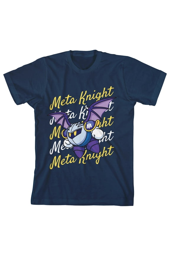 Kirby Meta Knight Flying With Repeat Text Boy's Navy Blue T-shirt-Small