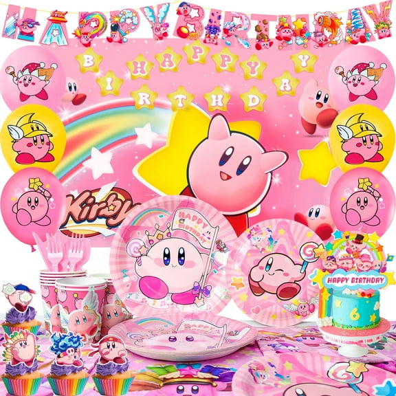 Kirby Party Supplies,110 Pcs Kirby Birthday Party Decorations and Kirby Tableware Set - Kirby Plates and Napkins Cups Table Cloth Backdrop Kirby balloons etc Kirby Theme Birthday Supplies