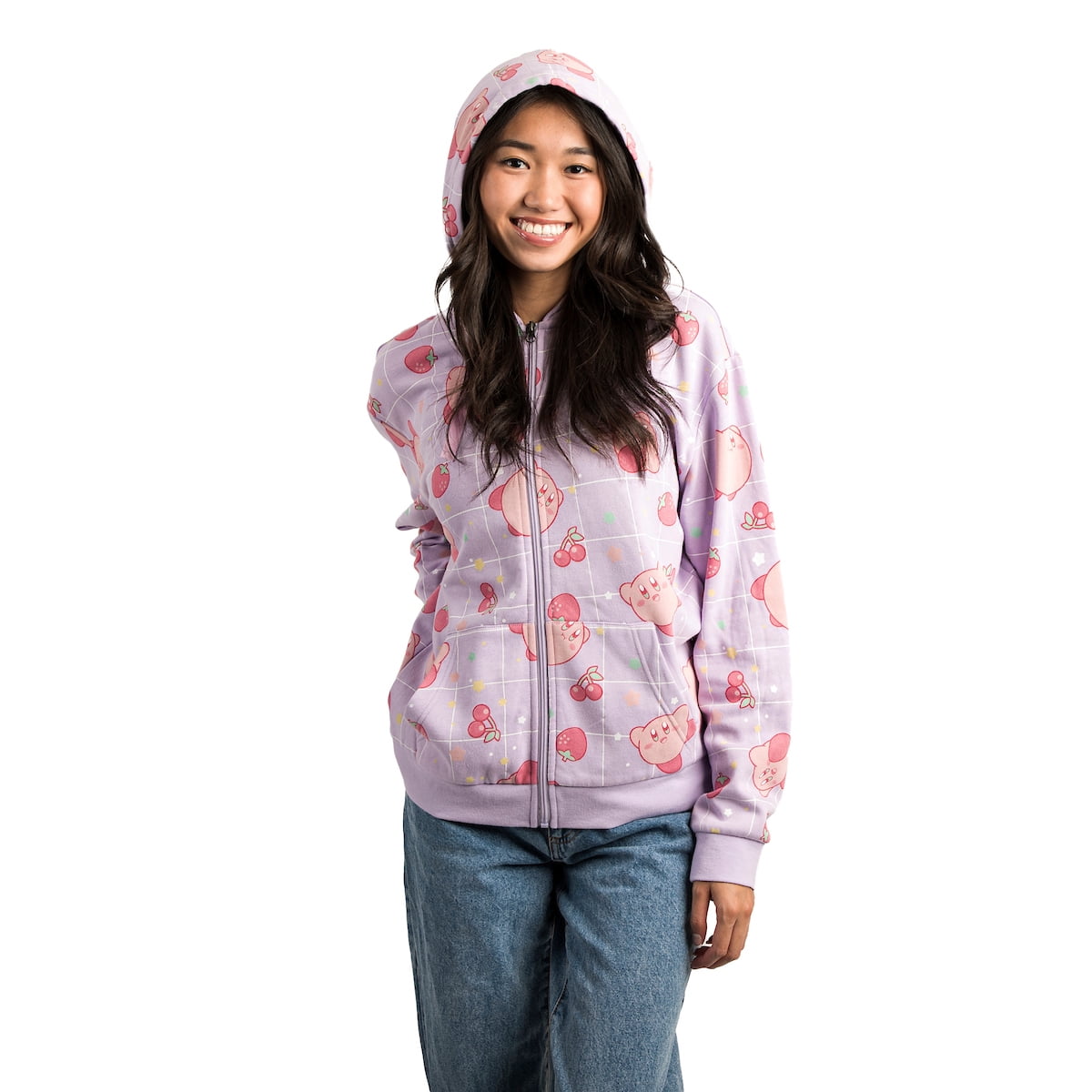 Kirby Pastel Stars Fruit Windowpane Adult Lavender Zip UP Hoodie M