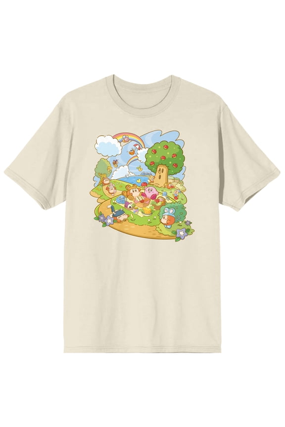 Kirby Pupupu Picnic Men's Natural Ground Print T-shirt-Large