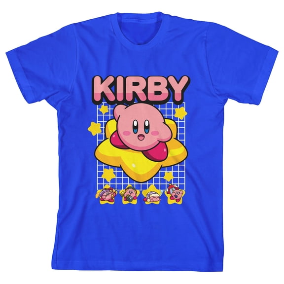Kirby Riding Warp Star Grid Background Boy's Royal Blue T-Shirt-Medium
