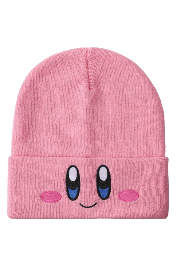 Kirby Smiling Face Pink Cuffed Plain Skull Acrylic Knitted Embroidered Logo Beanie Hat
