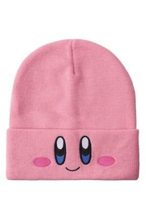 Kirby Smiling Face Pink Cuffed Plain Skull Acrylic Knitted Embroidered Logo Beanie Hat