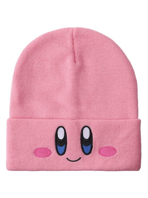 Kirby Smiling Face Pink Cuffed Plain Skull Acrylic Knitted Embroidered Logo Beanie Hat