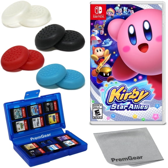 Kirby Star Allies for Nintendo Switch [Physical], with PremGear Thumb Grips (8 pack - 2 Black, 2 Blue, 2 Red & 2 Clear), 24 Slot Game Card Holder & Cleaning Cloth