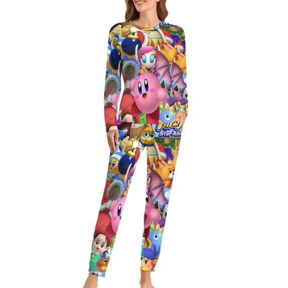 Kirby Star Allies Womens Pajama Set Loungewear Cozy Soft House Wear Sets Long Sleeve Round Neck T Shirt Top Bottom Pants Sleepwear