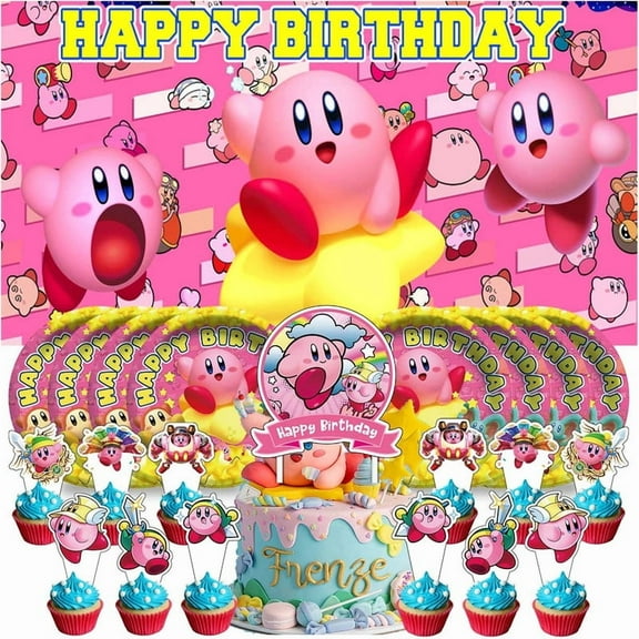 Kirby Star Plates Birthday Supplies Decorations Decor Backdrop Banner Cake Topper Fans