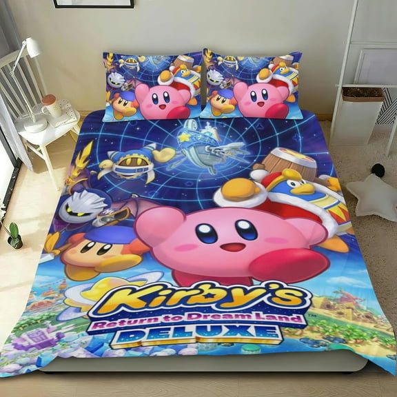 Kirby Themed Bed Sheet Set Three Piece Set 68x86 In ches Comfortable And Skin Friendly Unique Design Creating A Star Studded Night Home Decor Gifts For Family Friends fans