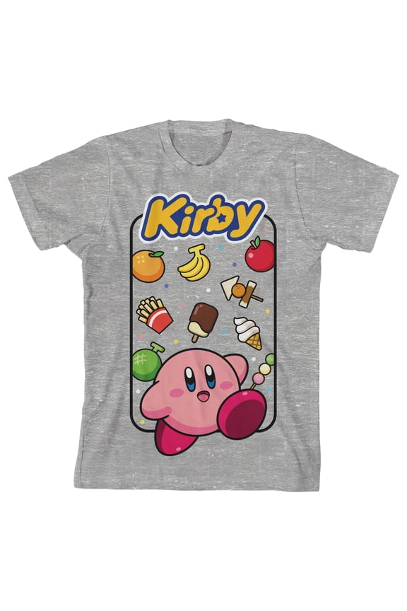 Kirby With Food Background and Logo Youth Heather Gray Graphic Tee-XL