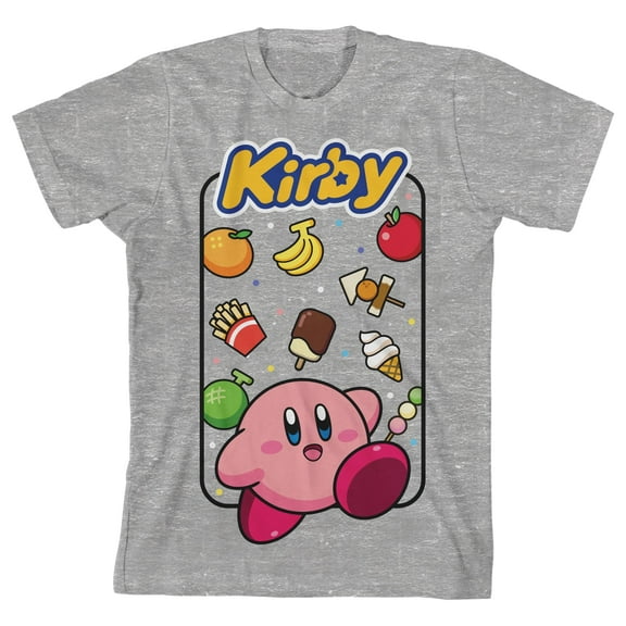 Kirby With Food Background and Logo Youth Heather Gray Graphic Tee-XS