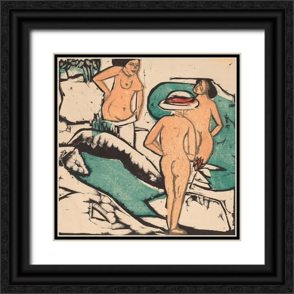 Kirchner, Ernst Ludwig 15x15 Black Ornate Wood Framed with Double Matting Museum Art Print Titled - Women Bathing between White Stones
