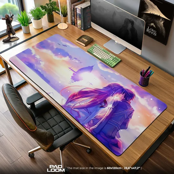 Kirito & Asuna Sunset Mouse Pad, Sword Art Online Anime Desk Mat, Romantic Fantasy Artwork, Large Computer Desk Pad