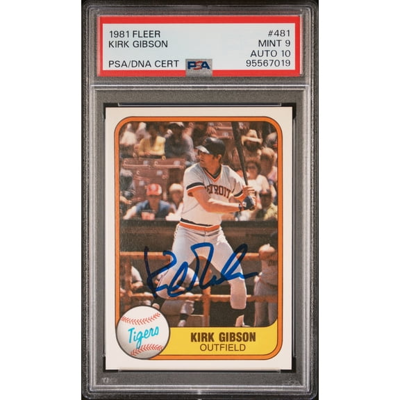Kirk Gibson 1981 Fleer Signed Baseball Rookie Card #481 Graded PSA 9 Auto 10