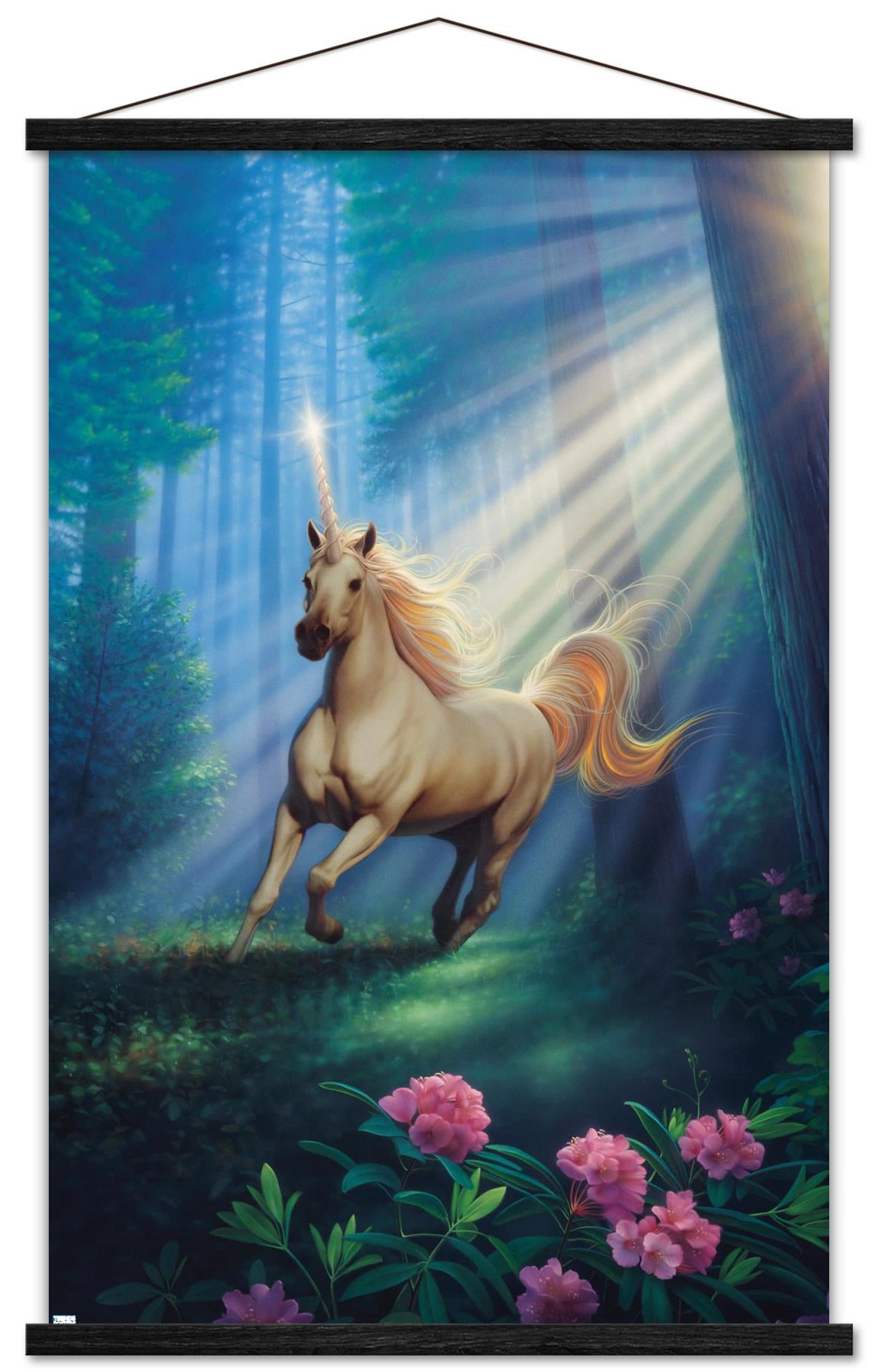 Kirk Reinert - Secret Forest Unicorn Wall Poster with Wooden Magnetic Frame, 22.375" x 34"