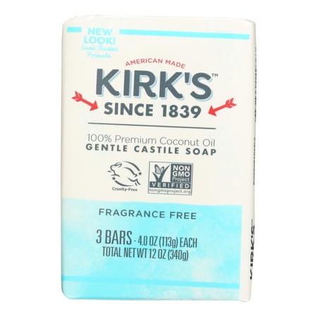 Kirk's, 100% Premium Coconut Oil Gentle Castile Soap, Fragrance Free, 3 count,4 oz