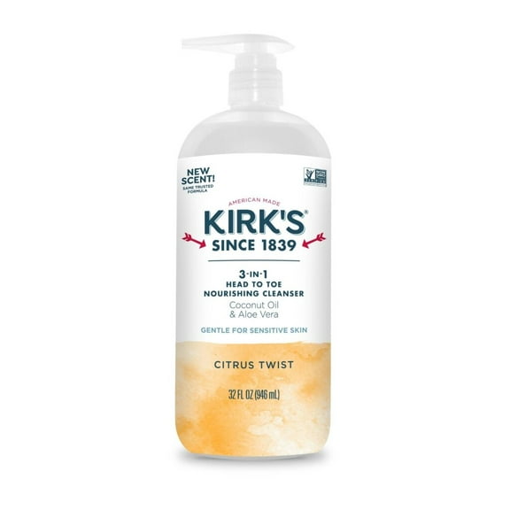 Kirk's 3-in-1 Head to Toe Nourishing Liquid Cleanser- for Men, Women & Children - Premium Coconut Oil & Aloe Vera- Non GMO & Vegan - Citrus Twist - 32 Fl Oz.