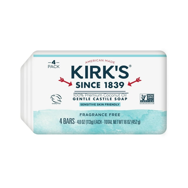 Kirk's 4Pack Bar Soap, Fragrance Free with 100 Premium Coconut Oil