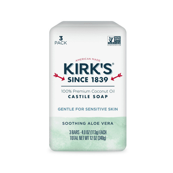 Kirk's Castile Bar Soap - Made With Premium Coconut Oil, Soothing Aloe Vera, 4 oz. Bars, 3 Pack