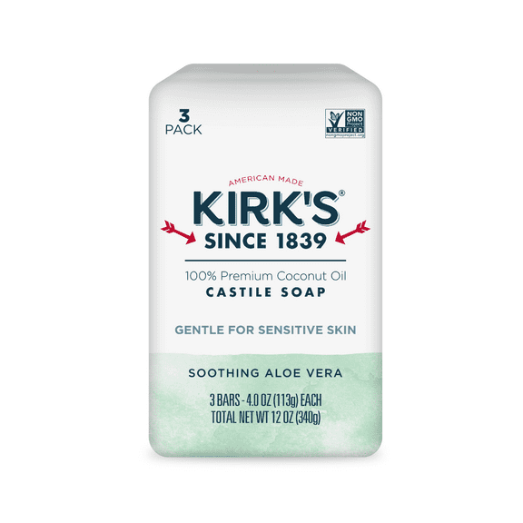 Kirk's Castile Bar Soap - Made With Premium Coconut Oil, Soothing Aloe Vera, 4 oz. Bars, 3 Pack