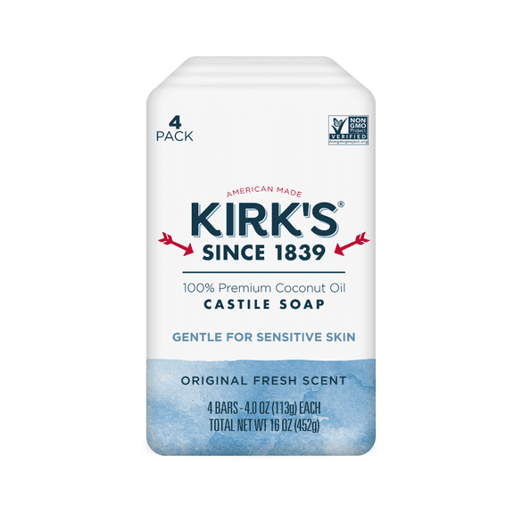 Kirk's Castile Bar Soap - Made With Premium Coconut Oil, Original Fresh Scent, 4 oz. Bars, 4 Pack