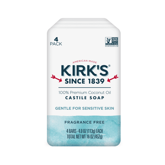 Kirk's Castile Bar Soap - Made With Premium Coconut Oil, Fragrance Free, 4 oz. Bars, 4 Pack