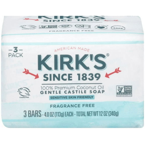 Kirk's Natural Gentle Castile Soap Fragrance Free 4 oz 3 Bars Pack of 4