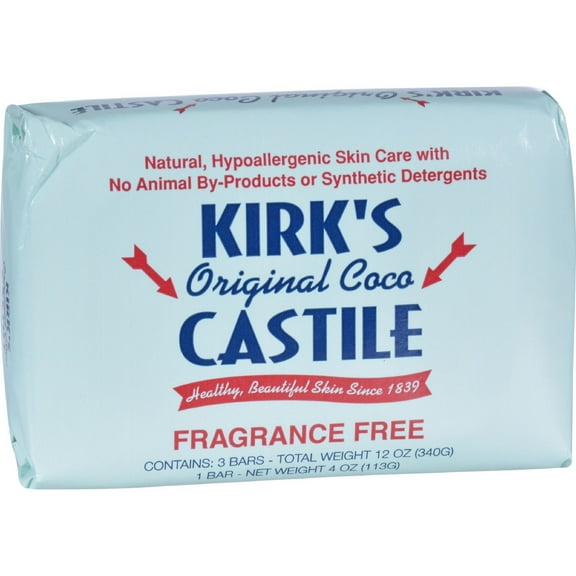 Kirk's Natural Soap Bar - Coco Castile - Fragrance Free - 4 oz - Pack of 3 C13