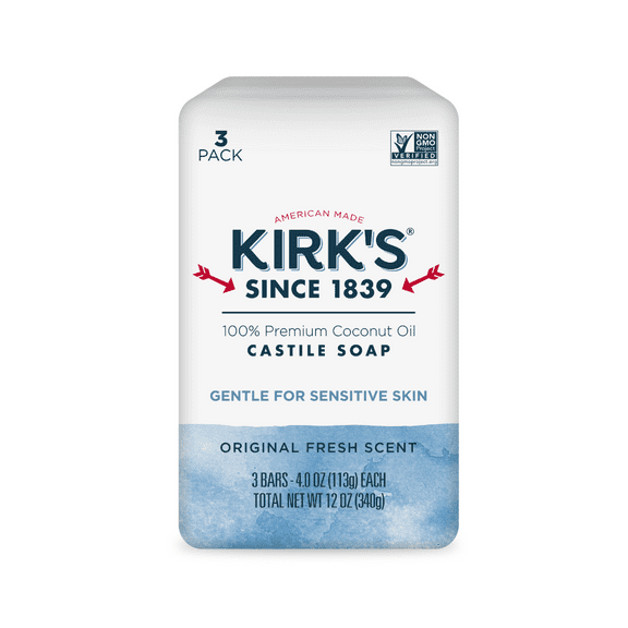 Kirk's Castile Bar Soap - Made With Premium Coconut Oil, Original Fresh Scent, 4 oz. Bars, 3 Pack
