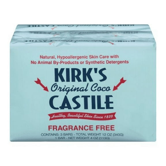 Kirk's Original Coco Castile Soap Hypoallergenic & Fragrance Free, 4oz, 3ct