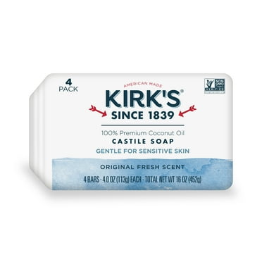 Kirk's Castile Bar Soap - Made With Premium Coconut Oil, Original Fresh Scent, 4 oz. Bars, 4 Pack