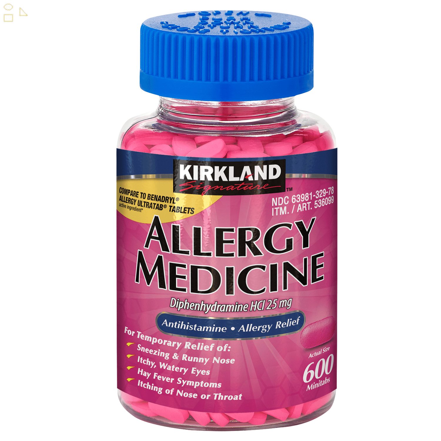 Kirkland Diphenhydramine HCl 25mg Allergy Relief Medicine, 600 Mini