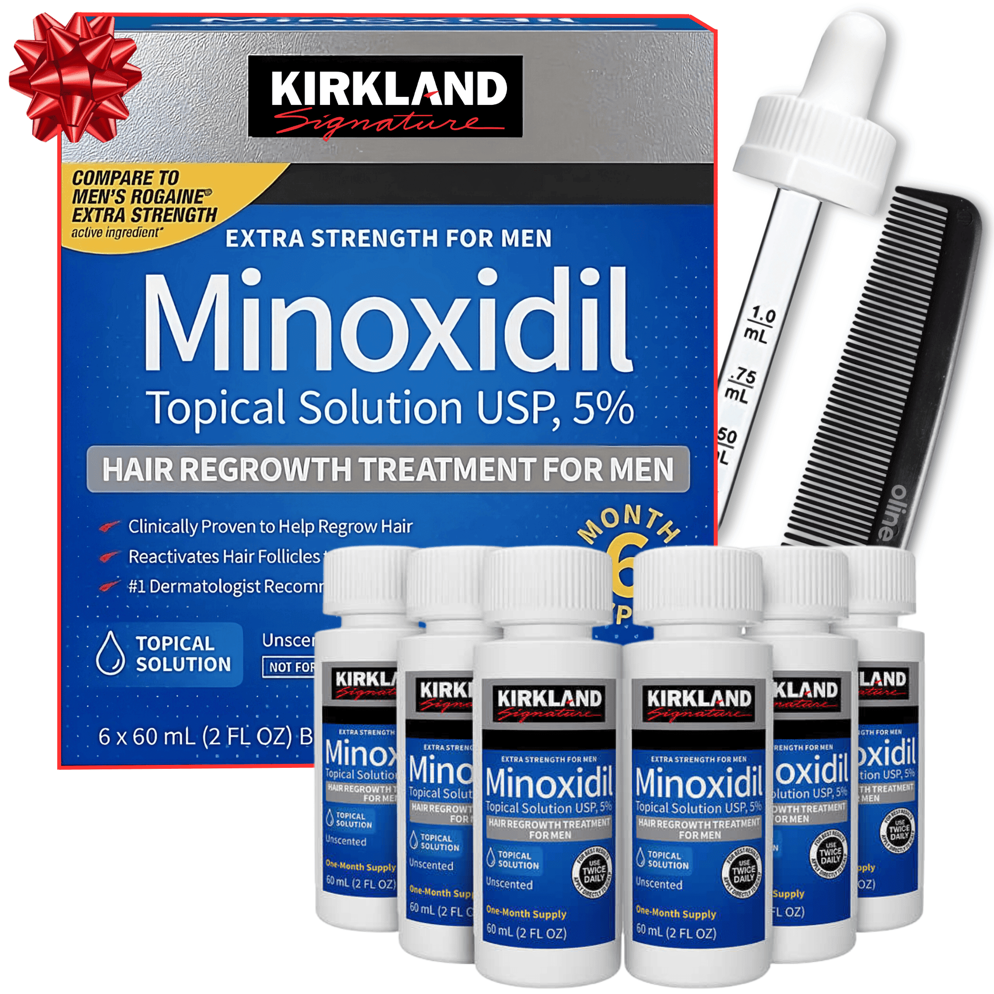 Kirkland Minoxidil 5% for Men, Topical Solution Extra Strength Hair Regrowth Treatment, 6 Months Supply, Total 12 Fl Oz, Premium Dropper Applicator, Exclusive Comb and Bonus Free Guide Included