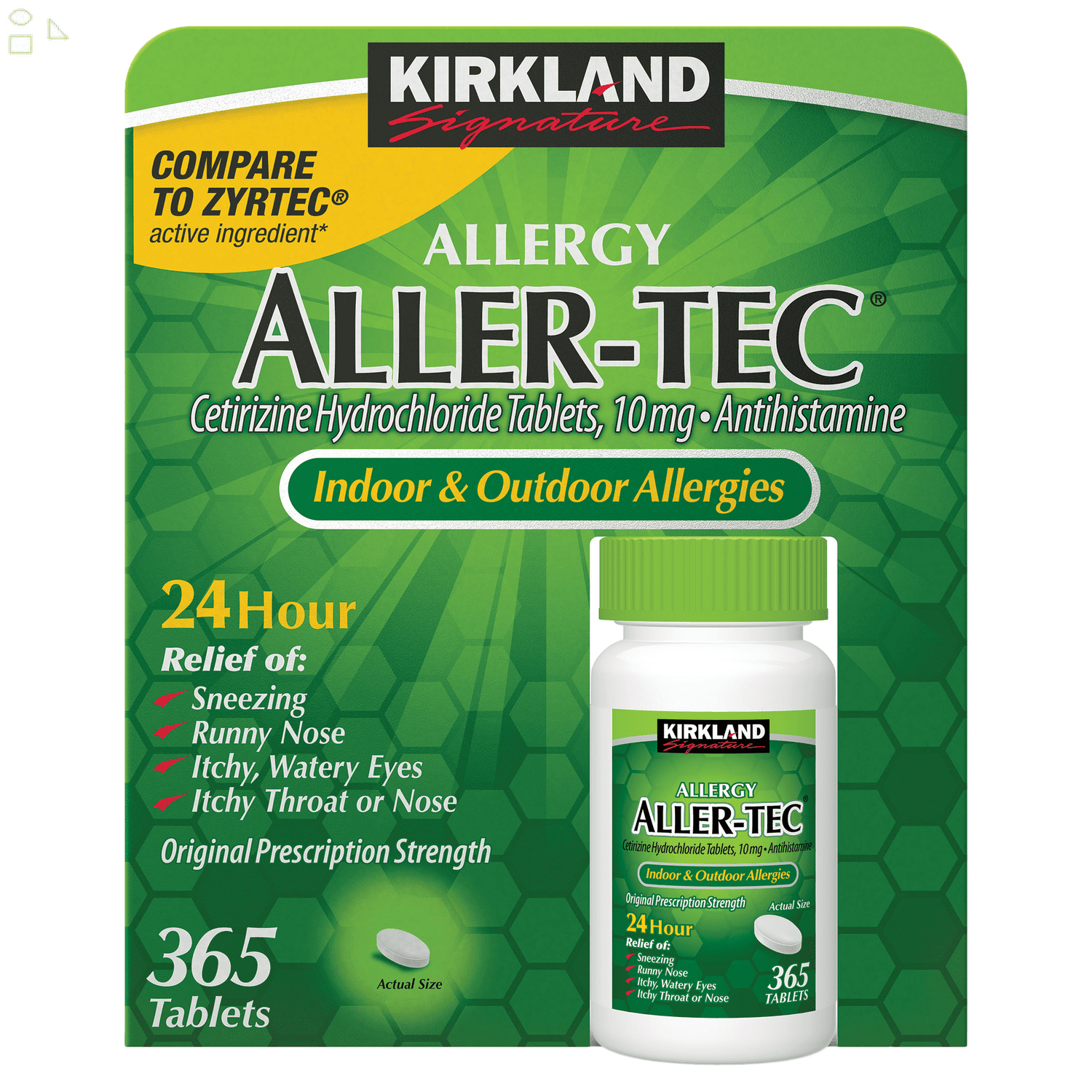 Kirkland Generic NonDrowsy Cetirizine HCL 10mg, Indoor/Outdoor Allergy