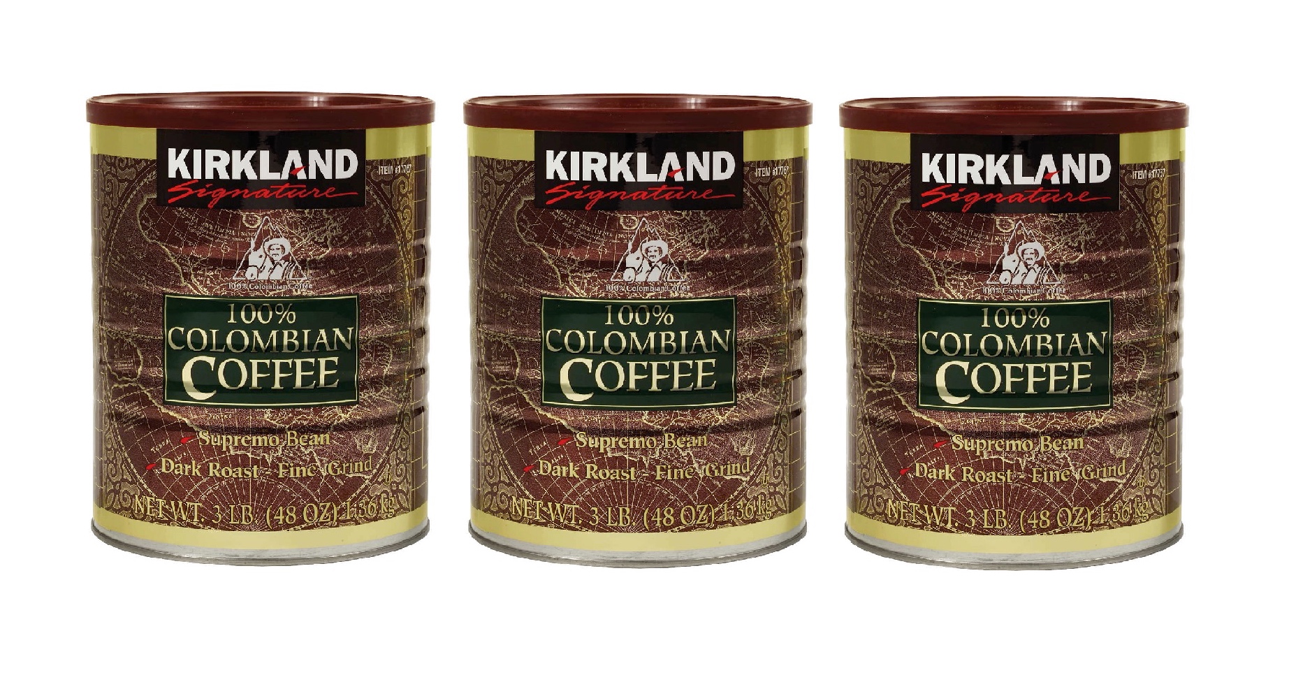 Kirkland Signature 100 Colombian Ground Coffee, Dark, 3 lbs 3PK
