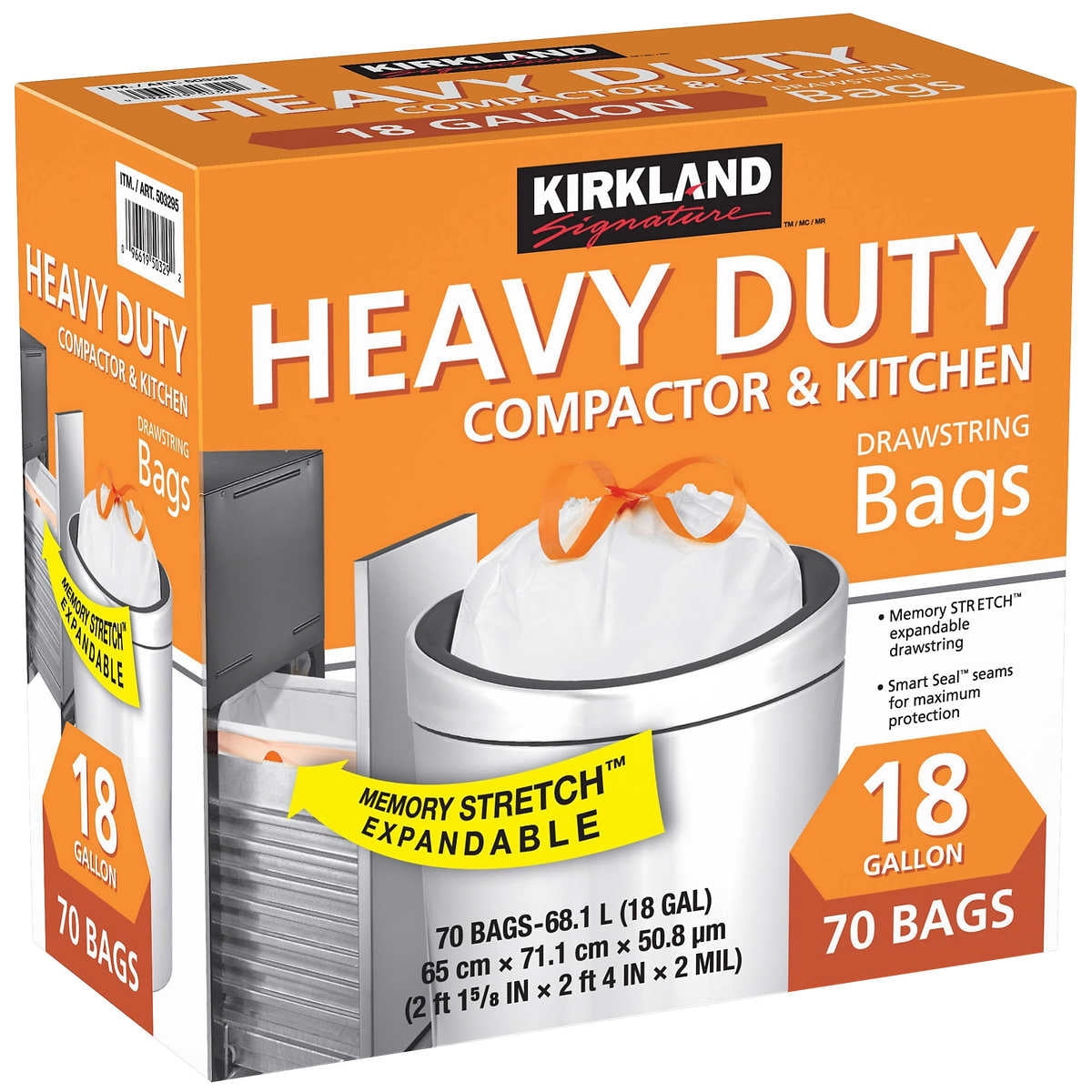 Kirkland Signature Compactor & Kitchen Trash Bags, 18 Gallon, 70 ct