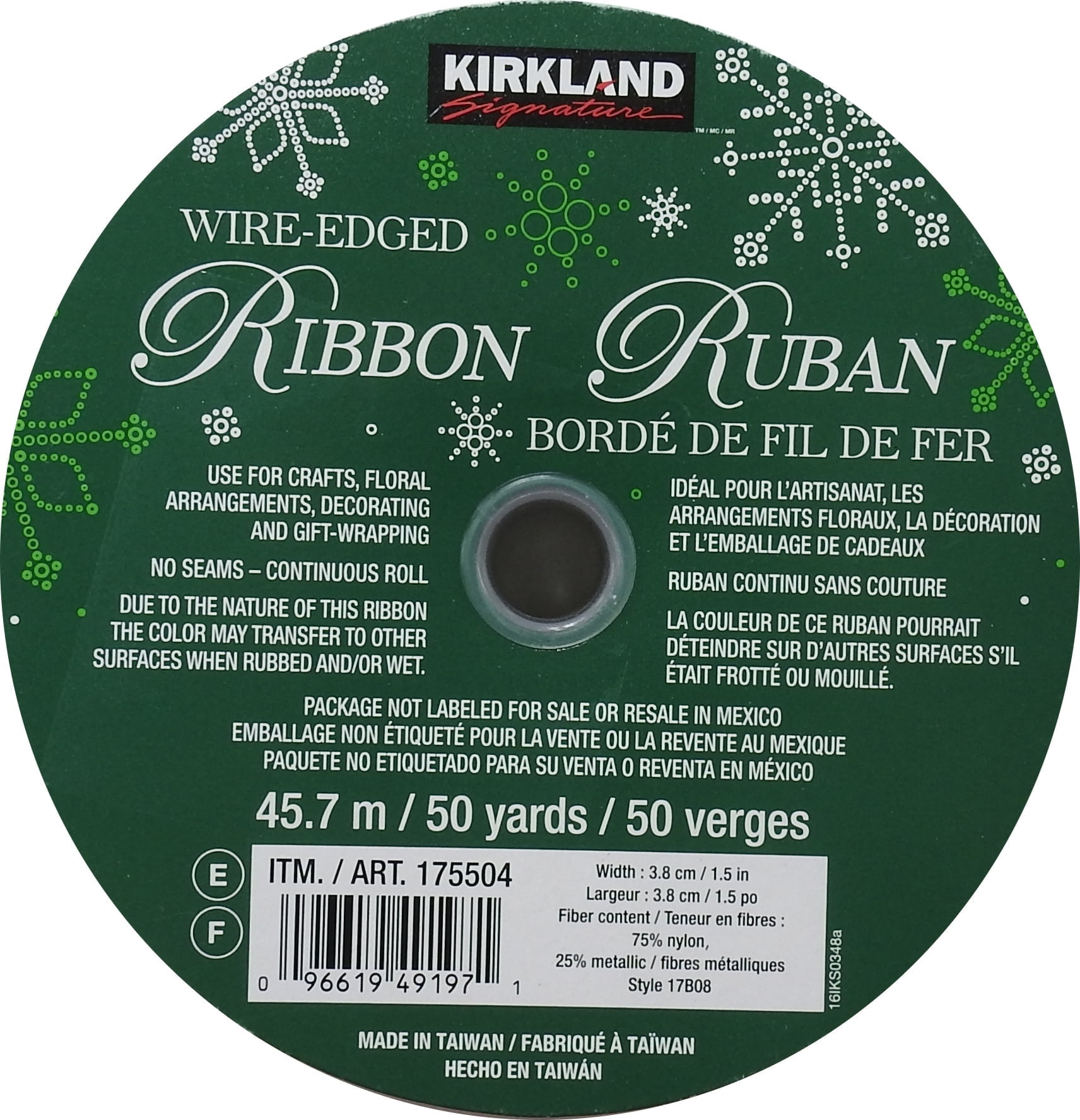 Kirkland Signature 50-Yards Item# 175504 Wire-Edged Ribbon Ruban, White/Silver